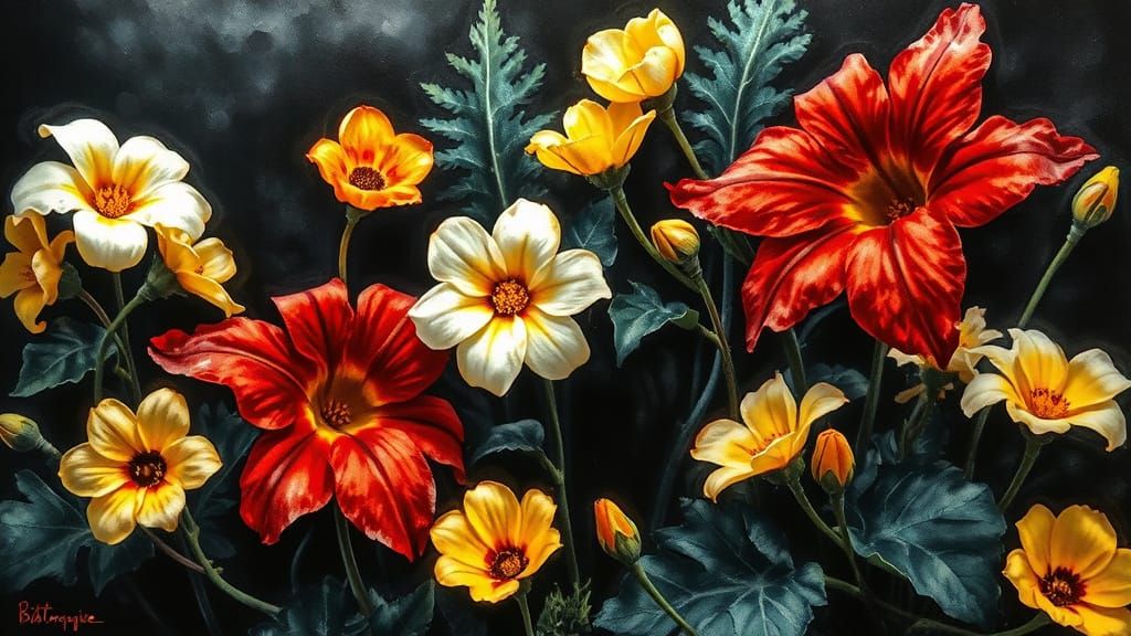 Surreal Nighttime Garden in Dripping Watercolor