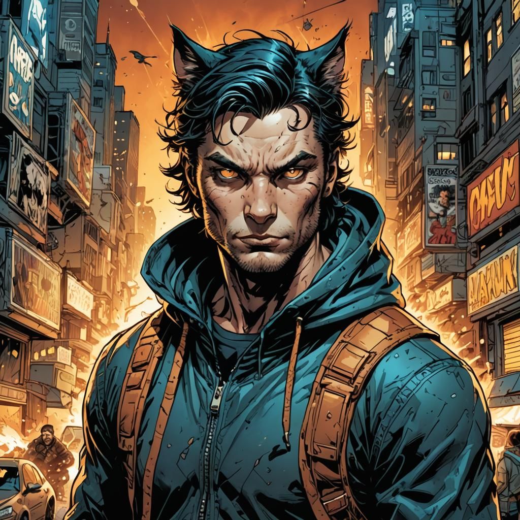 Comic Style Cat-Human Hybrid Illustration