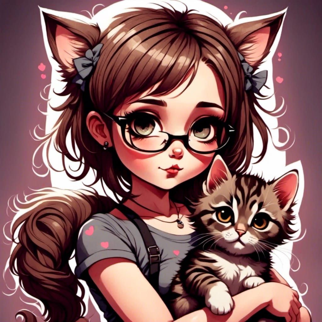 Chibi Emo Girl with Tabby Cat