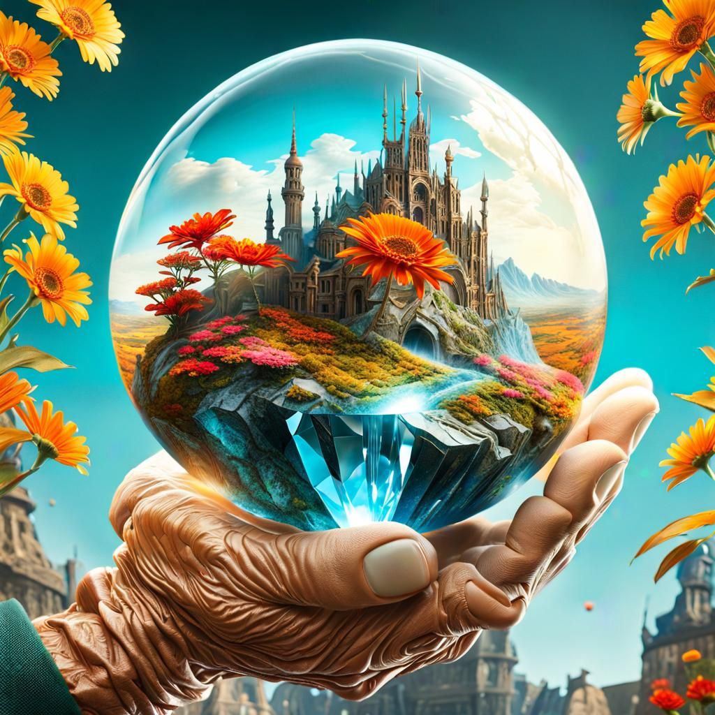 Arthritic Hand Holding Crystal Sphere with Flowers