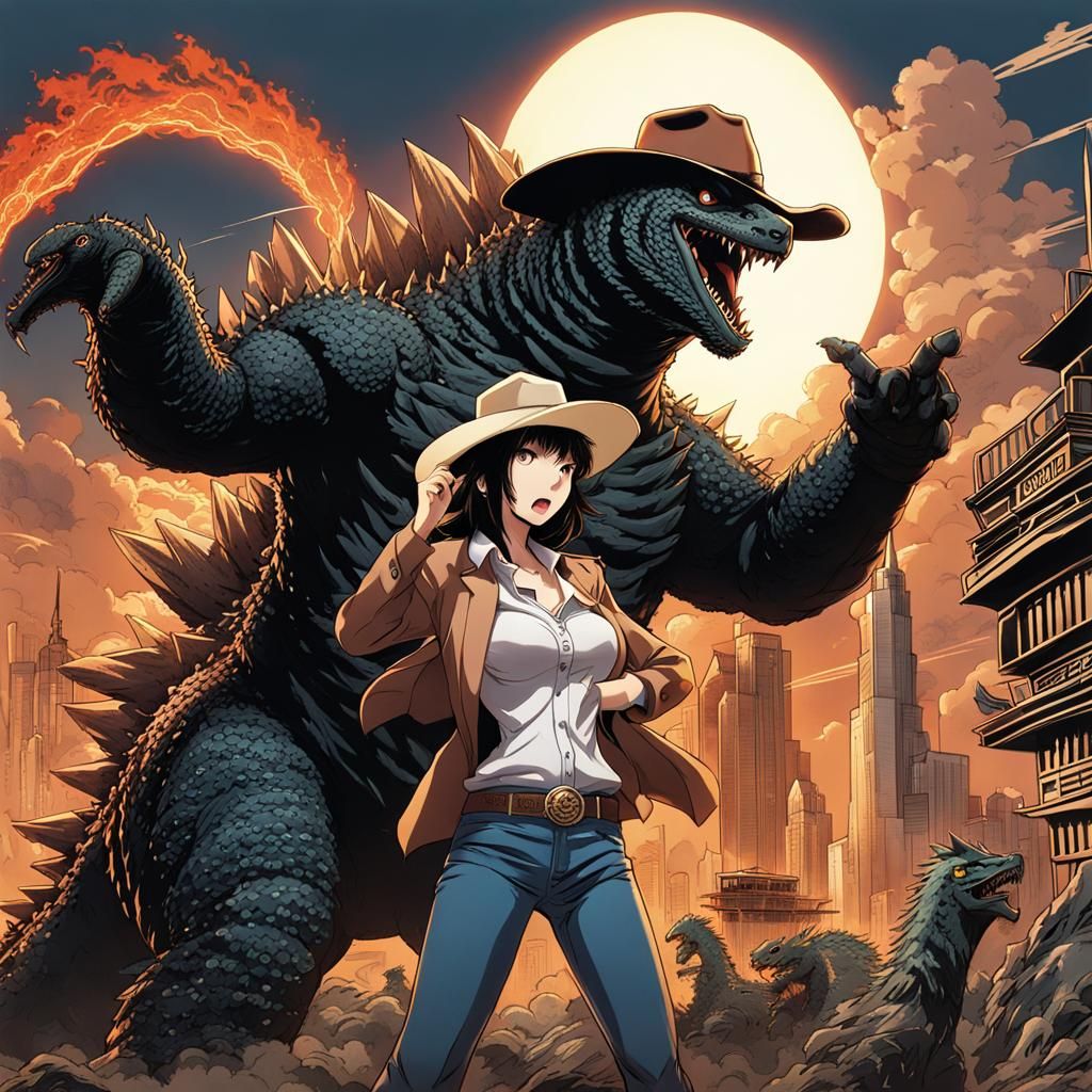 Godzilla in Cowboy Hat Battles Asian Woman: Anime Style