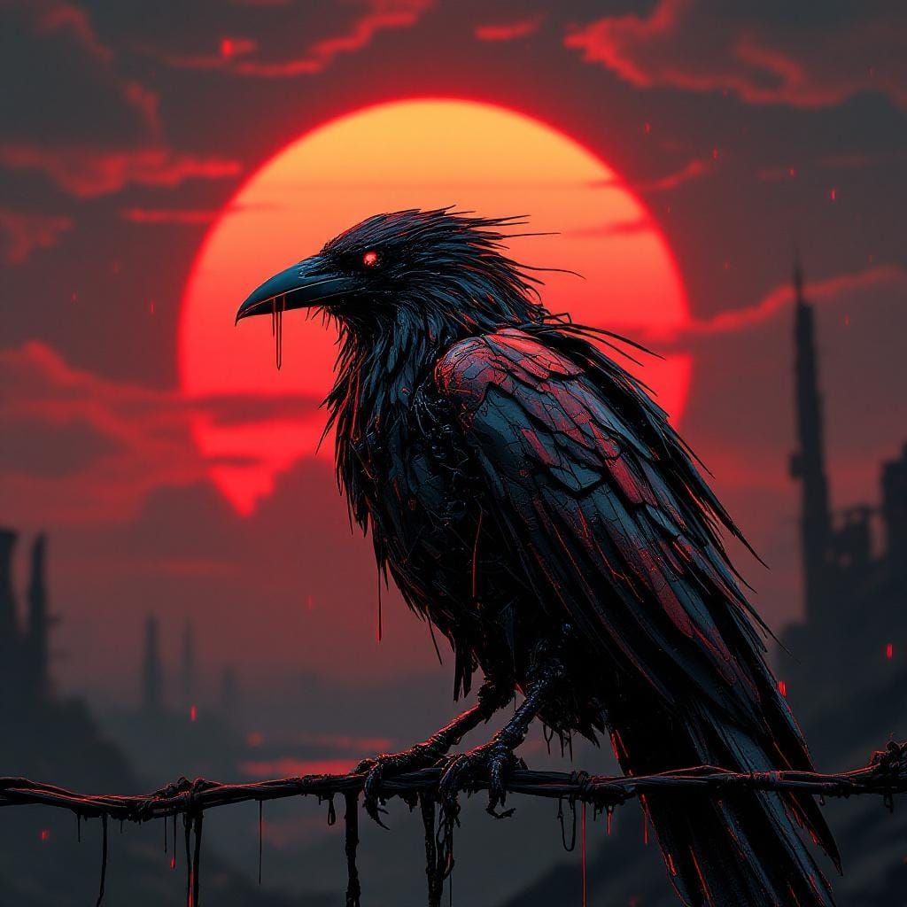 Robotic Raven Perched at Sunset in Cyberpunk Style