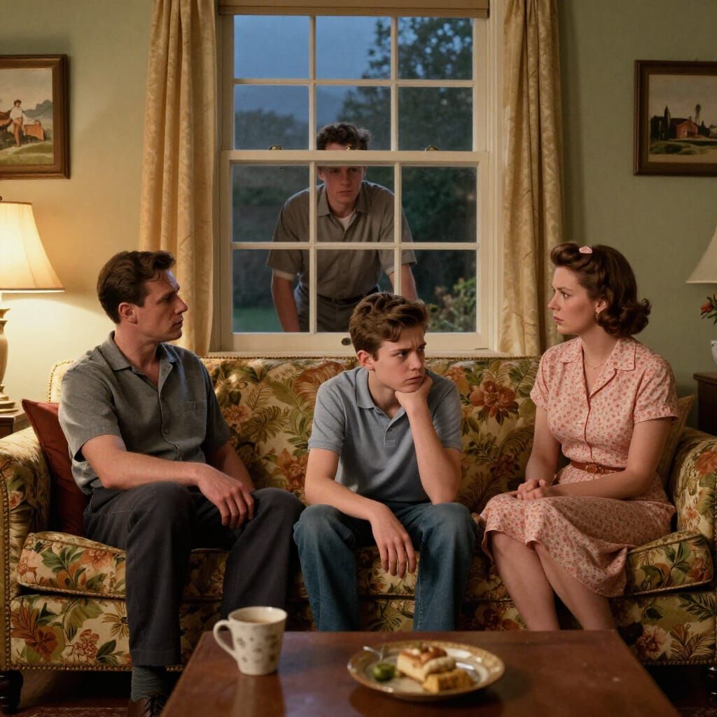 1950s Family Conflict in Living Room, Friend Peeking In