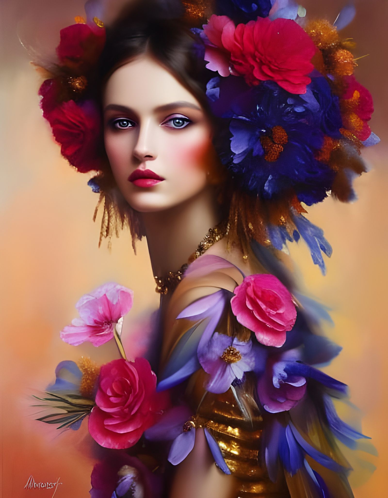 Renaissance Girl with Flowers, Oil and Acrylic