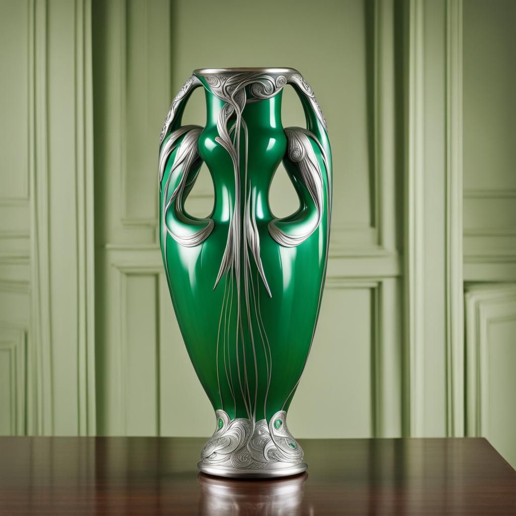 Art Nouveau Green Female Figure Vase with Silver
