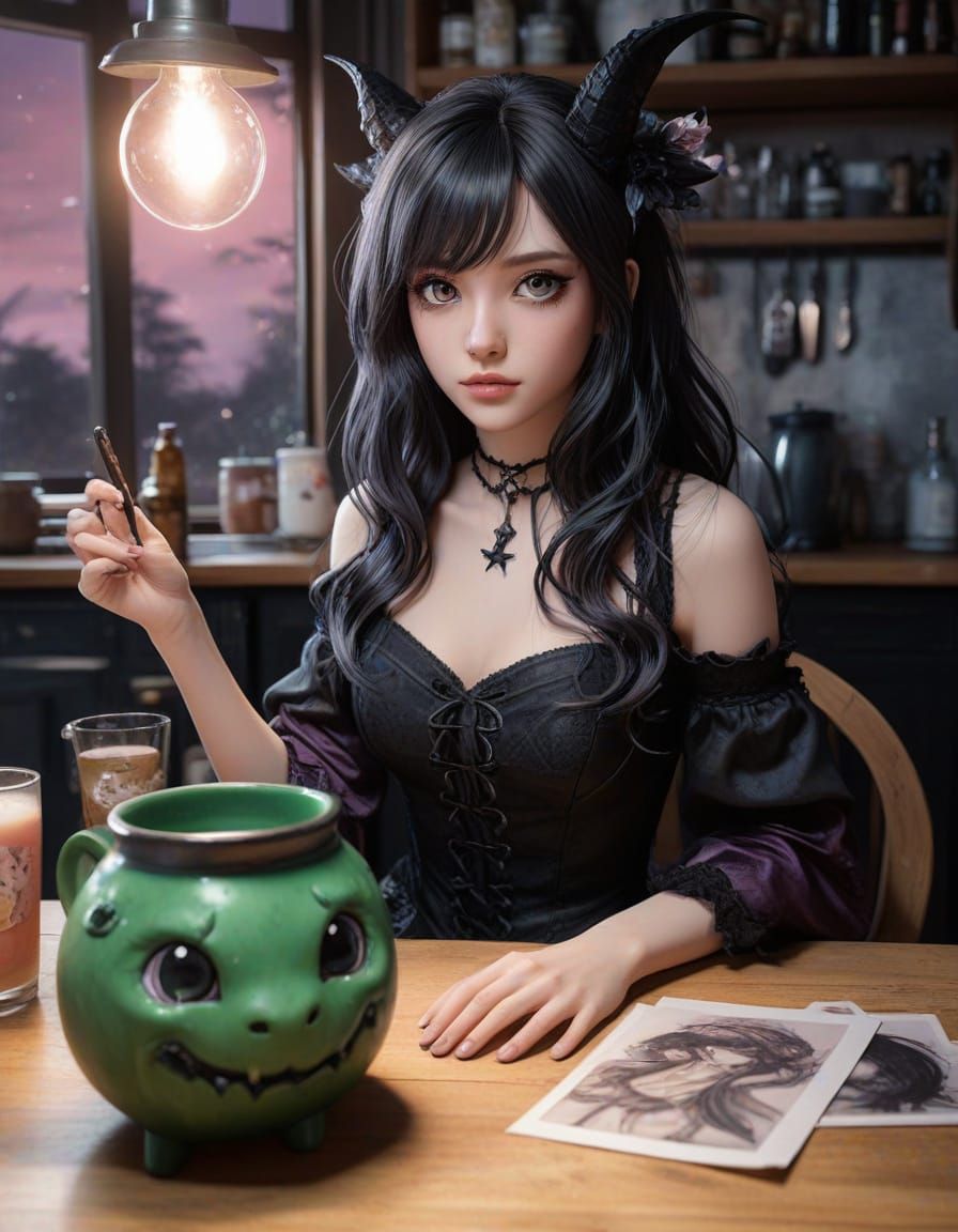 Ethereal Gothic Manga Woman in Witch Kitchen