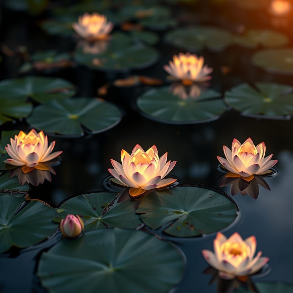 Glowing Lotus Flowers in Peaceful Pond Scene