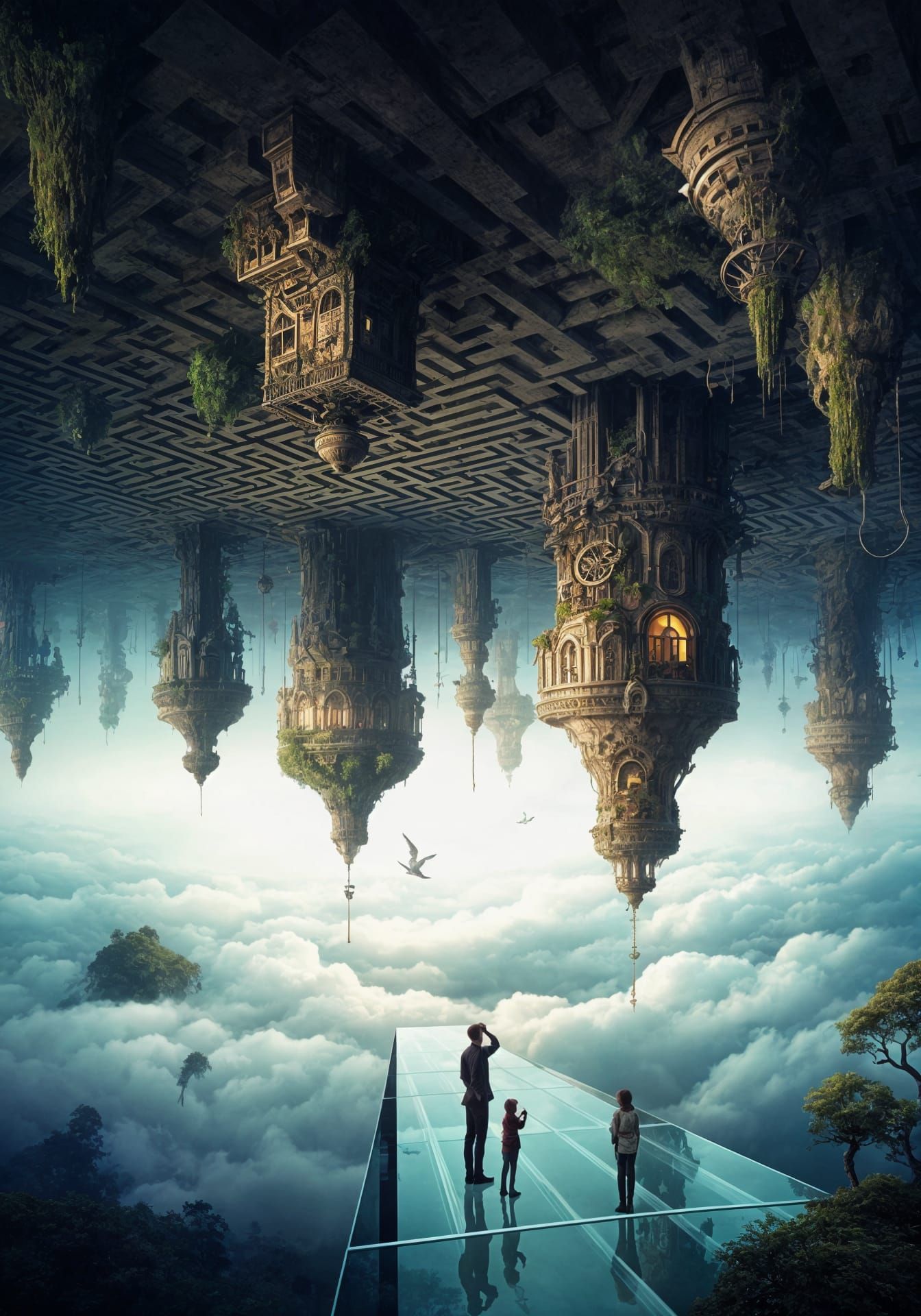Surreal Upside-Down World with Biomorphic Maze and Clouds