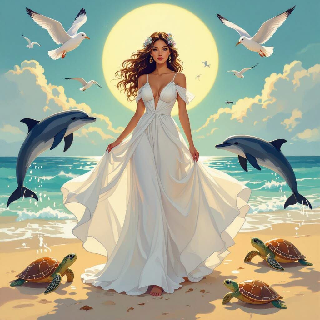 Summer Queen on Beach with Animals in Whimsical Style