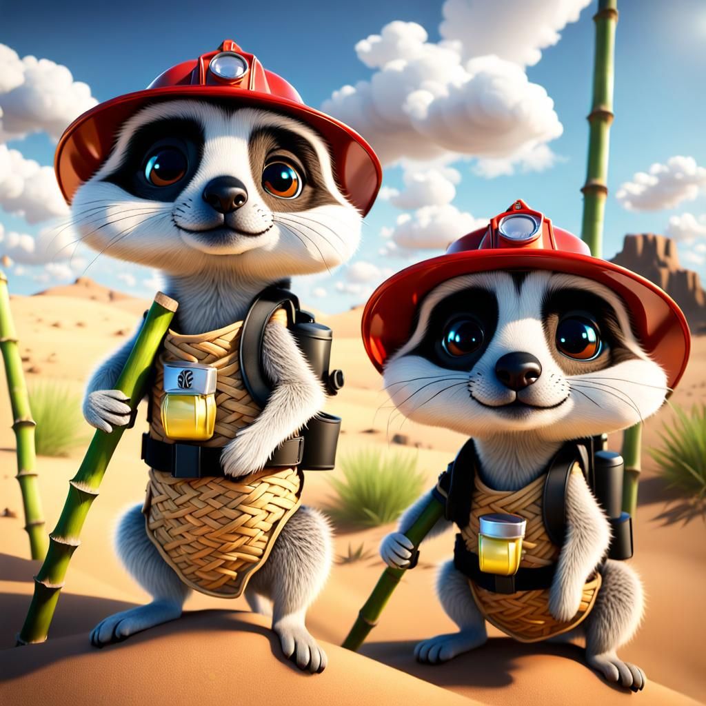 Cute Meerkat Firefighters in Chibi Style