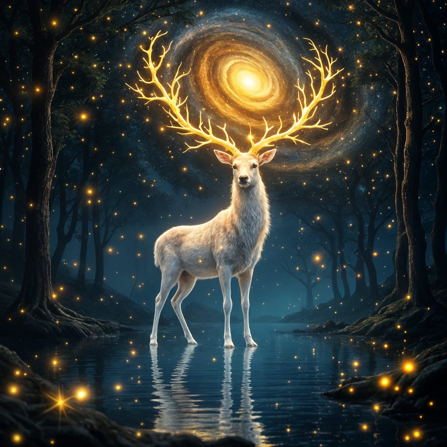 Luminous Deer with Starry Antlers in Twilight Forest