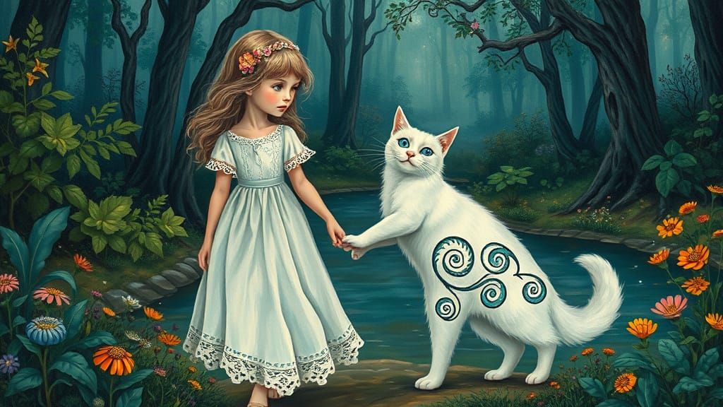 Whimsical Girl and Cat in Medieval Illuminated Forest