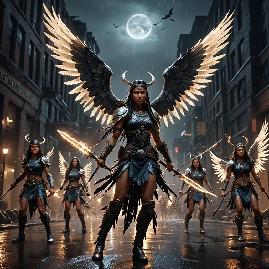 Ojibwe Archangels Battle Demons in Rain, 3D Anime Art