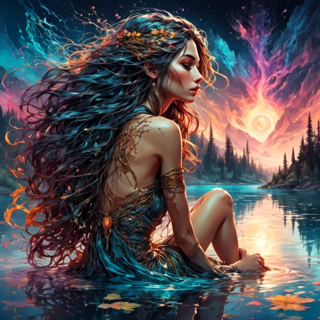 Beautiful Woman Contemplates Lakeside in Spectral Style
