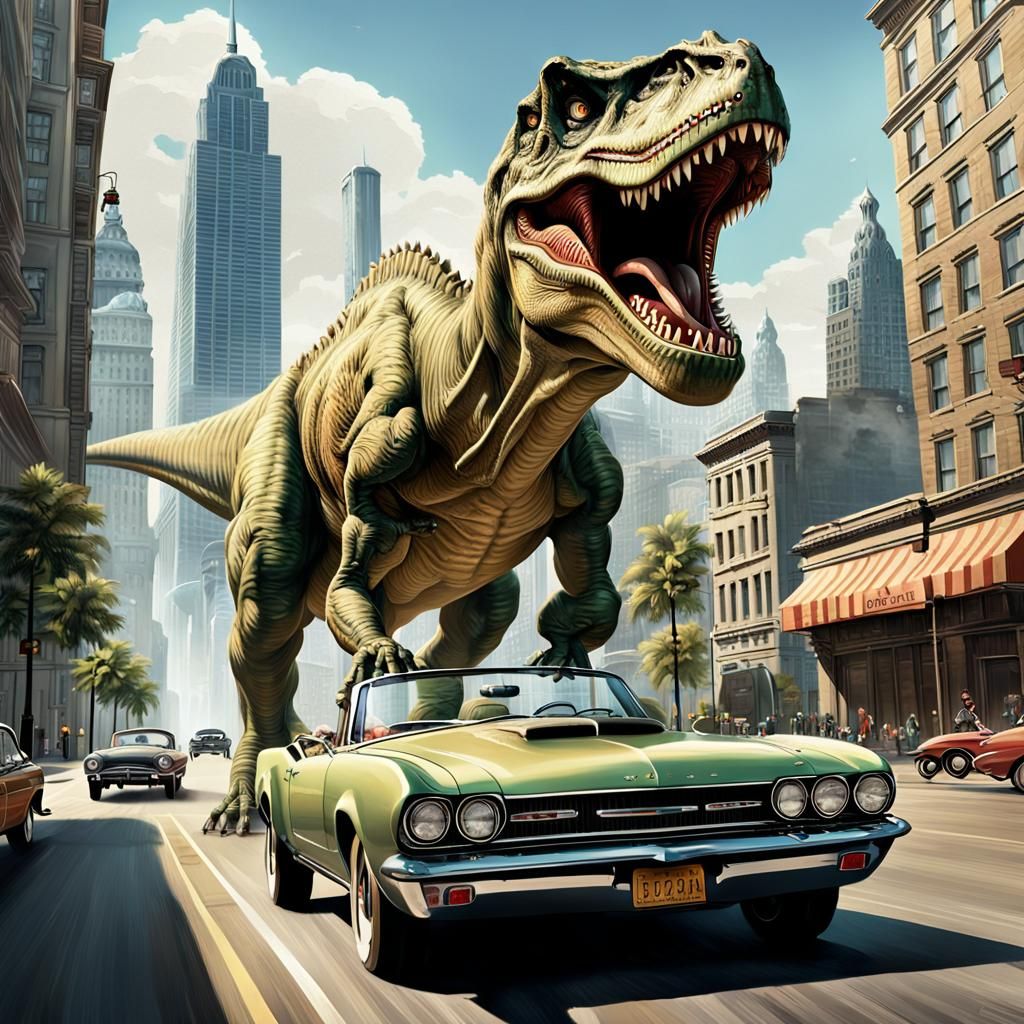 T-Rex Chases Convertible Through City Streets