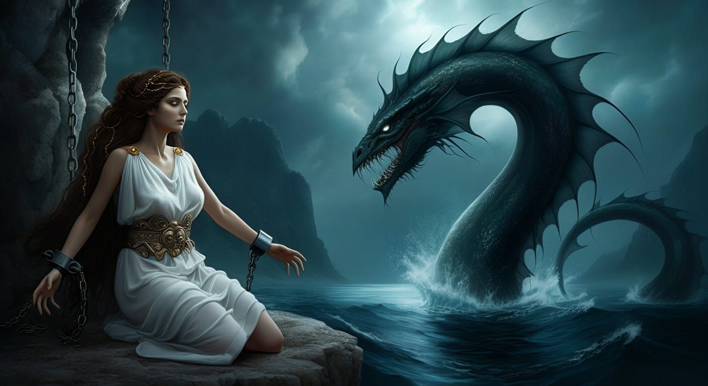 Ancient Greek Goddess Bound by Dark Sea Monster