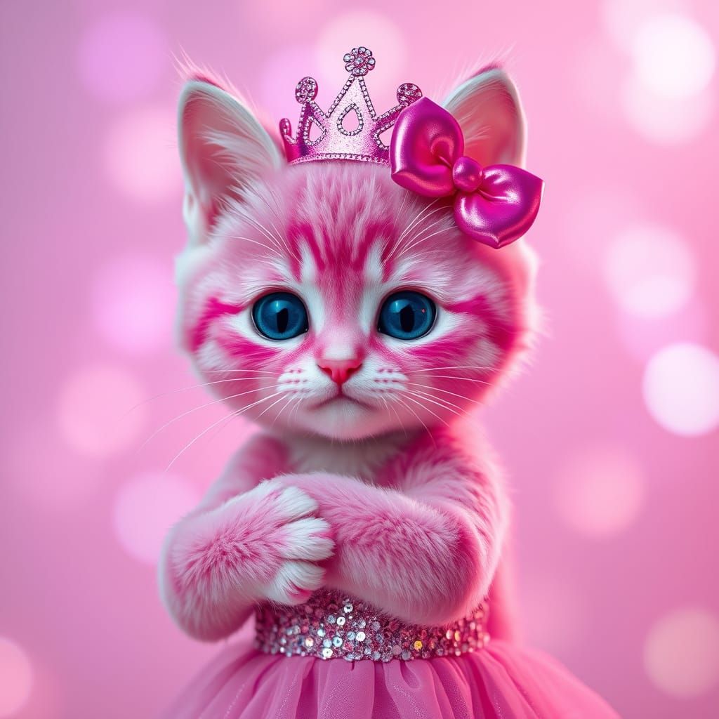 Adorable Pink Cat with Crown in Holographic Style