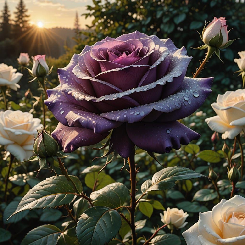 Elegant Purple Rose Dominates Field of White Roses in Hyperr...