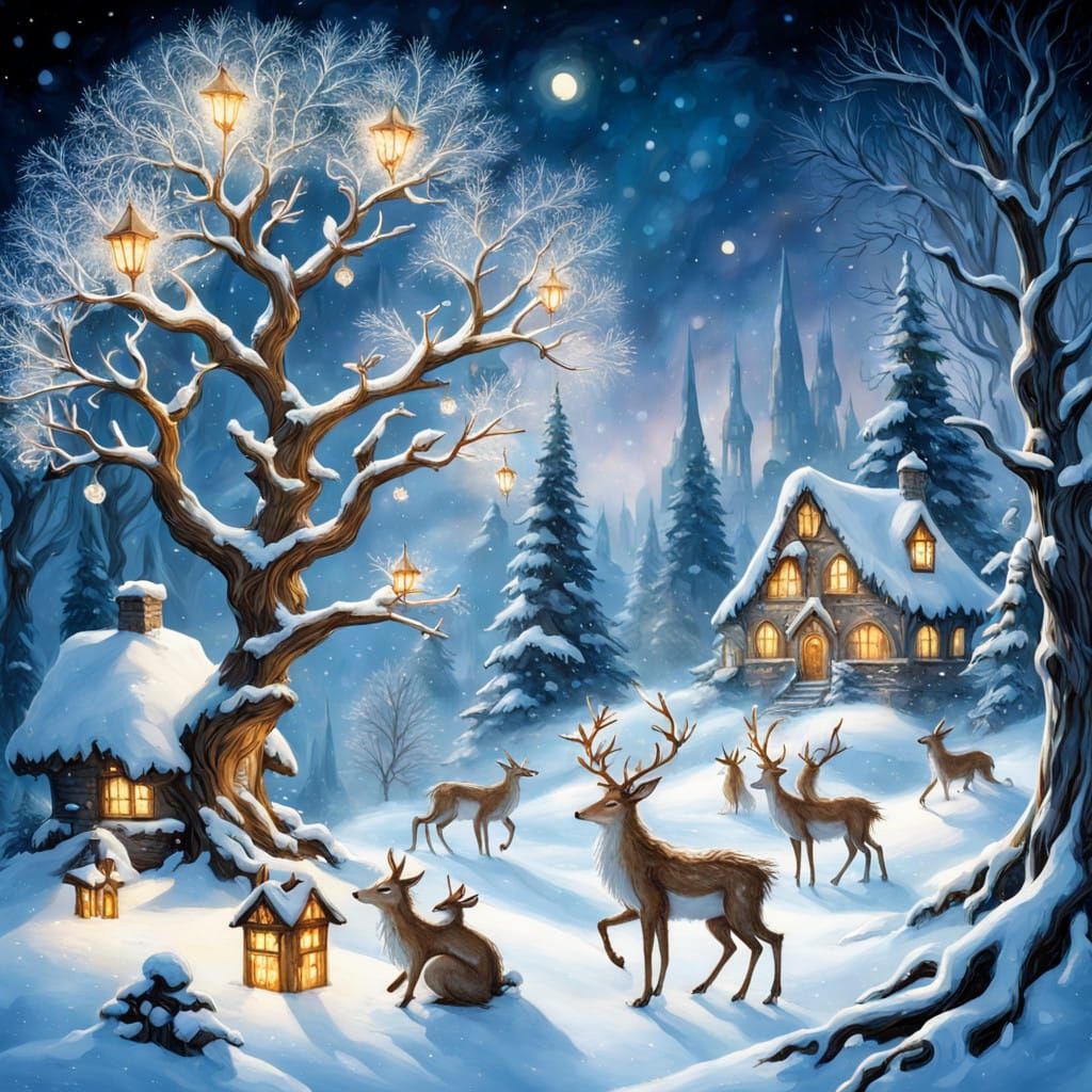 Whimsical Winter Wonderland Scene with Fantastical Creatures