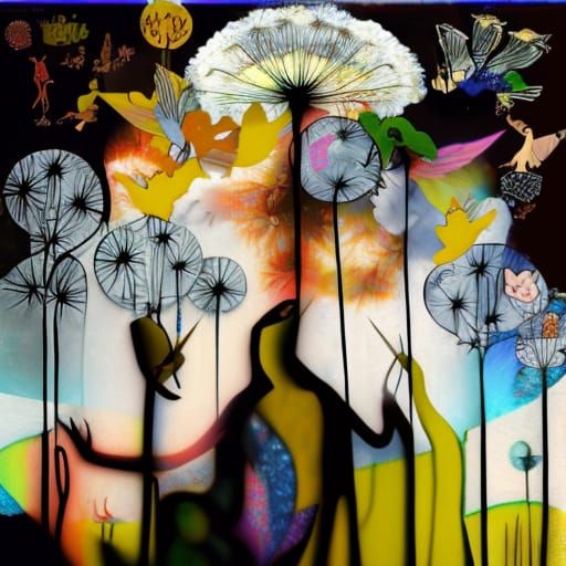 Winged Fairies in Dandelion Dreamscape, Klee and Burton Styl...