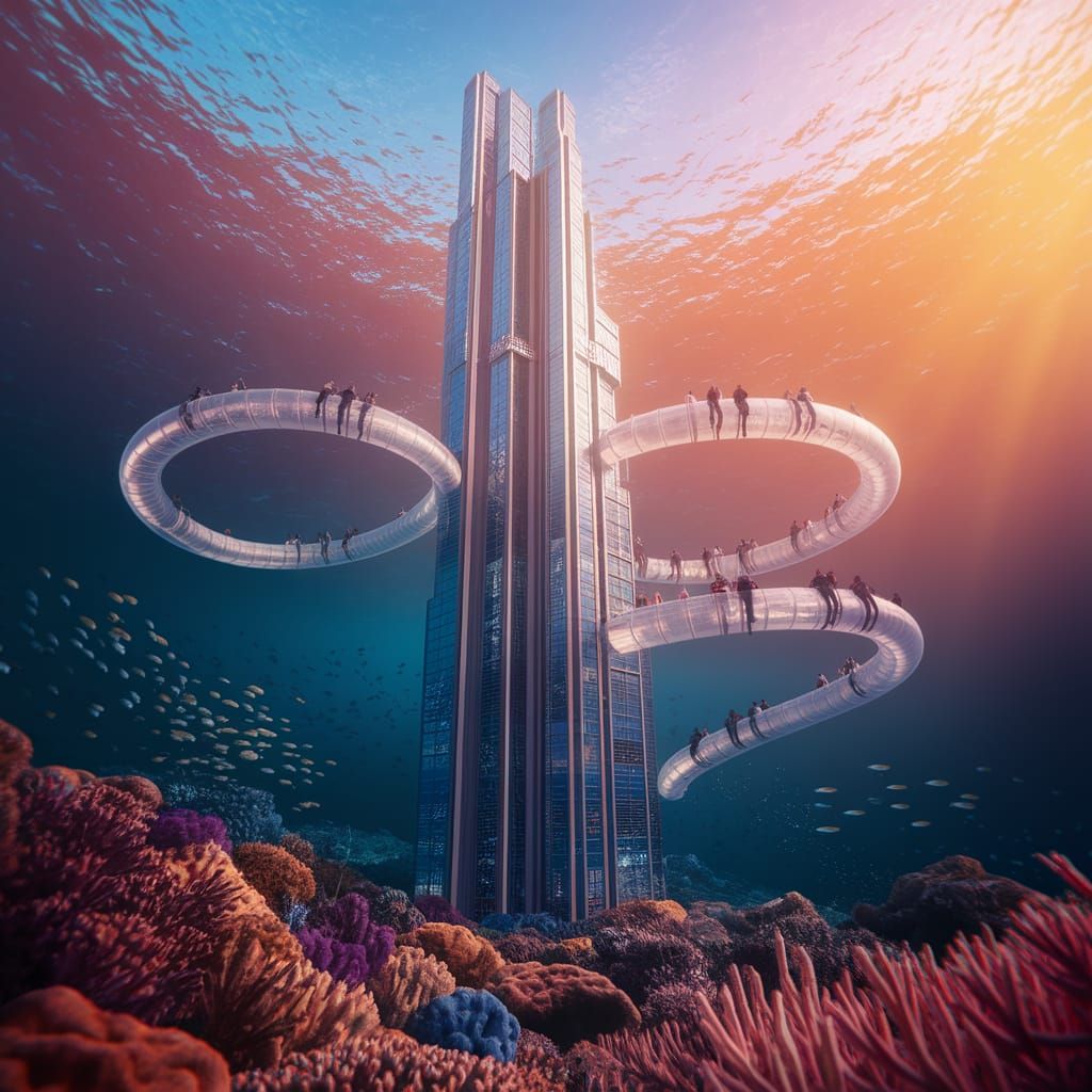 Underwater Skyscraper Cityscape in Futuristic Style