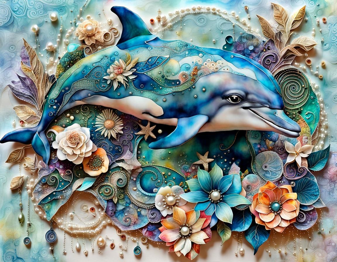 Magical Dolphin Collage with Mixed Media Elements
