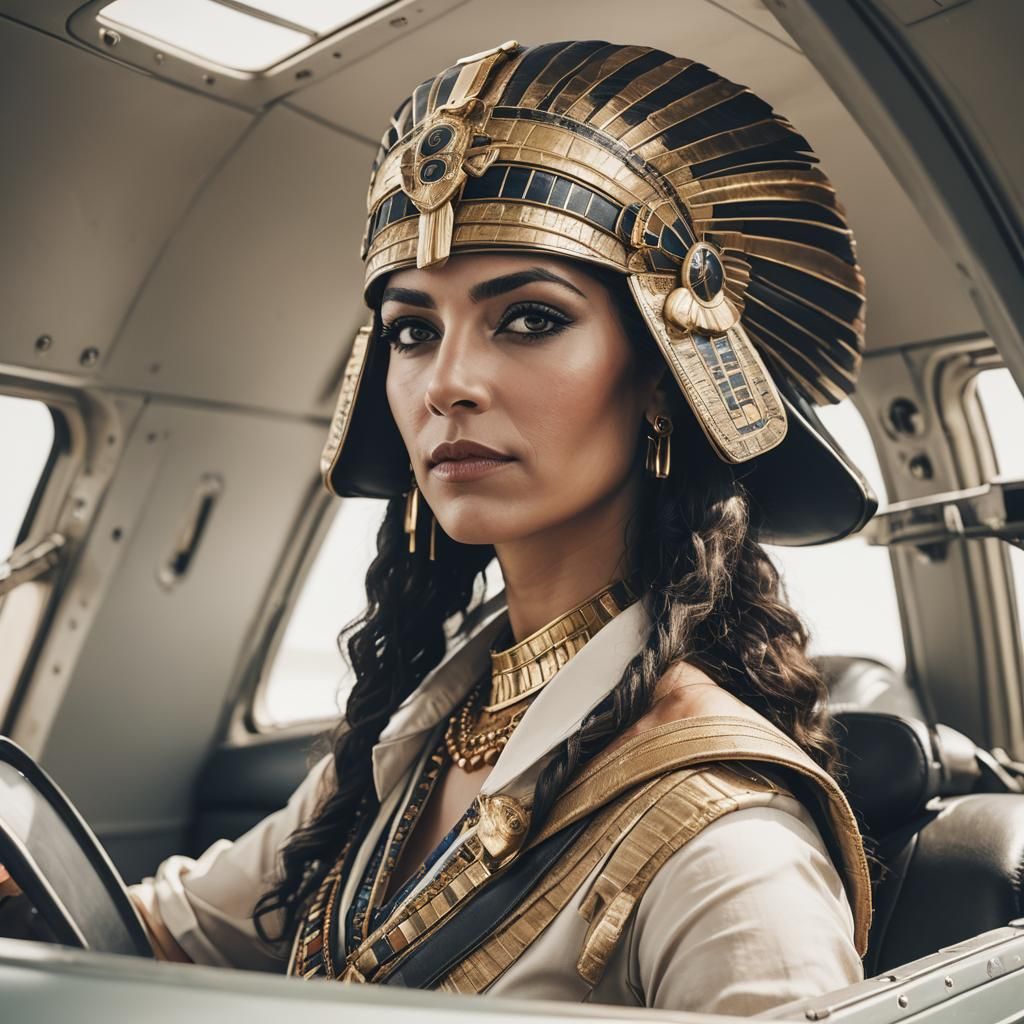 Cleopatra Piloting Airplane in Leibovitz Photography Style