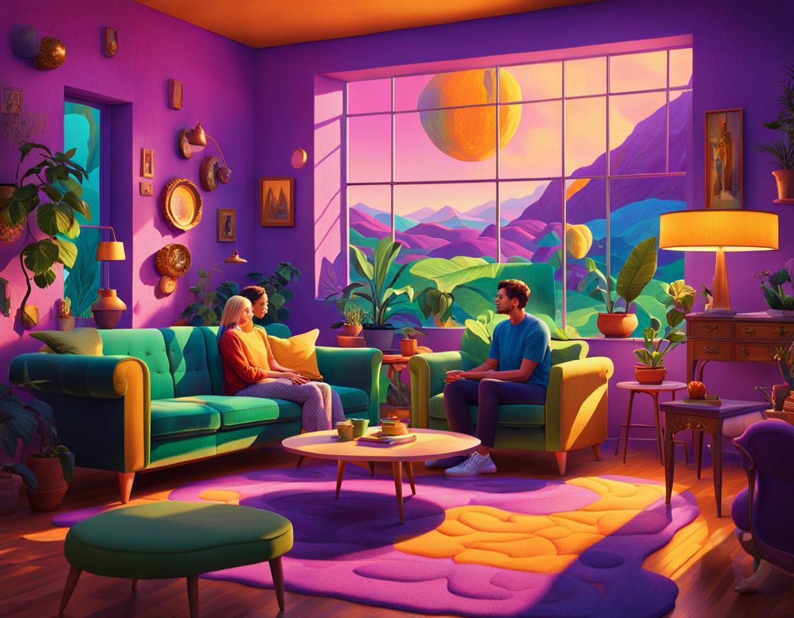 Couple in Fantasy Living Room in Hockney Style