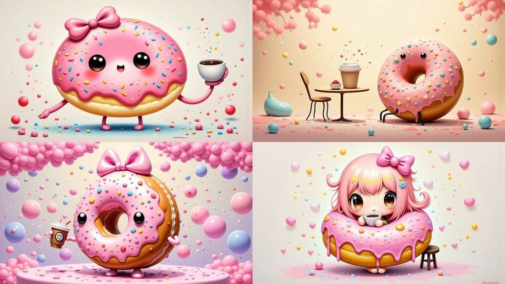 Kawaii Donut Character Drinking Coffee in Surreal Chalk Art