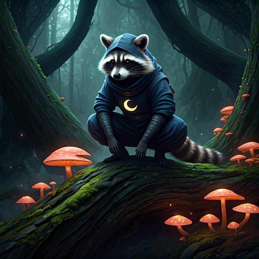 Mystical Ninja-Raccoon Hybrid in Ethereal Forest