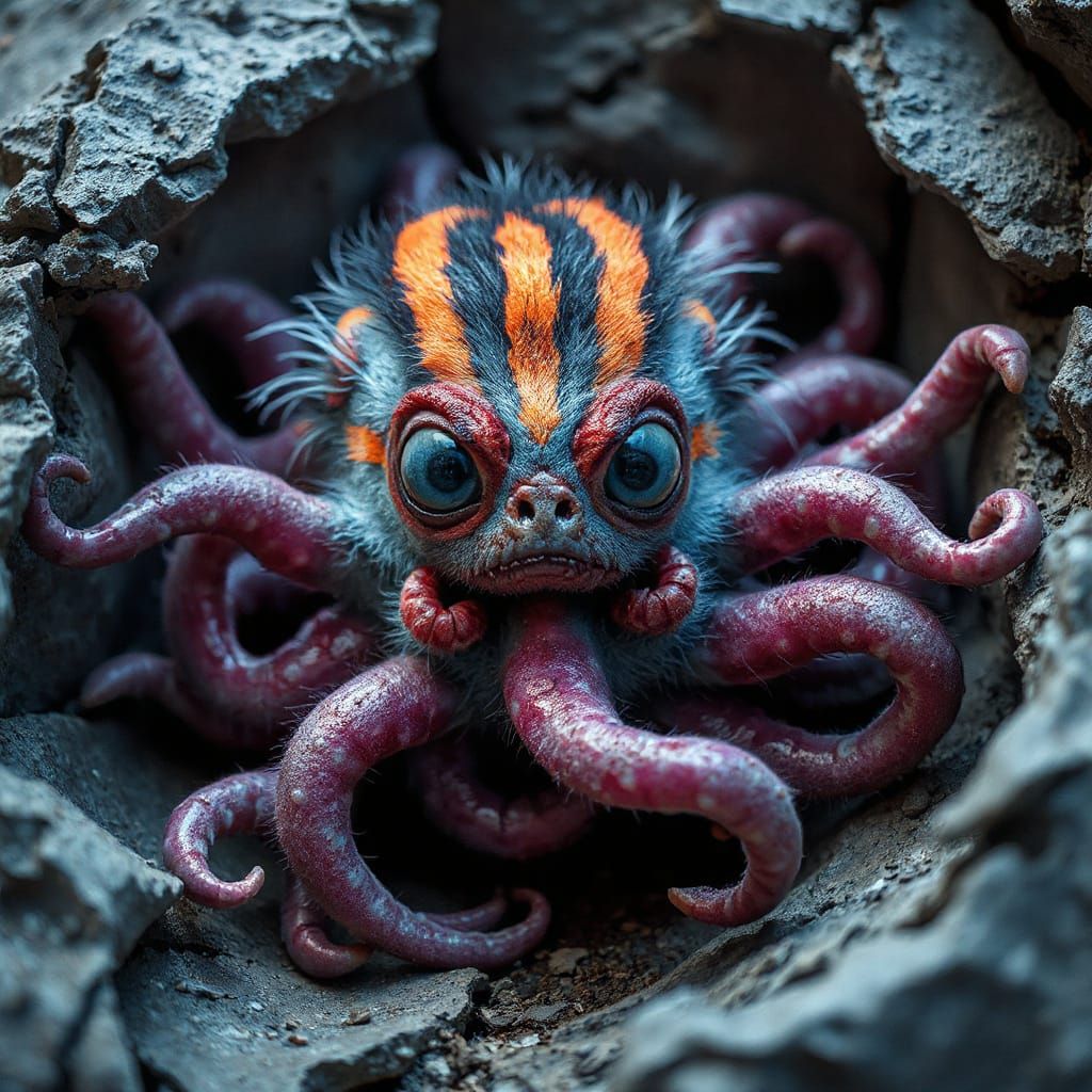 Neon Furry Creature with Tentacles in Rock Fissure