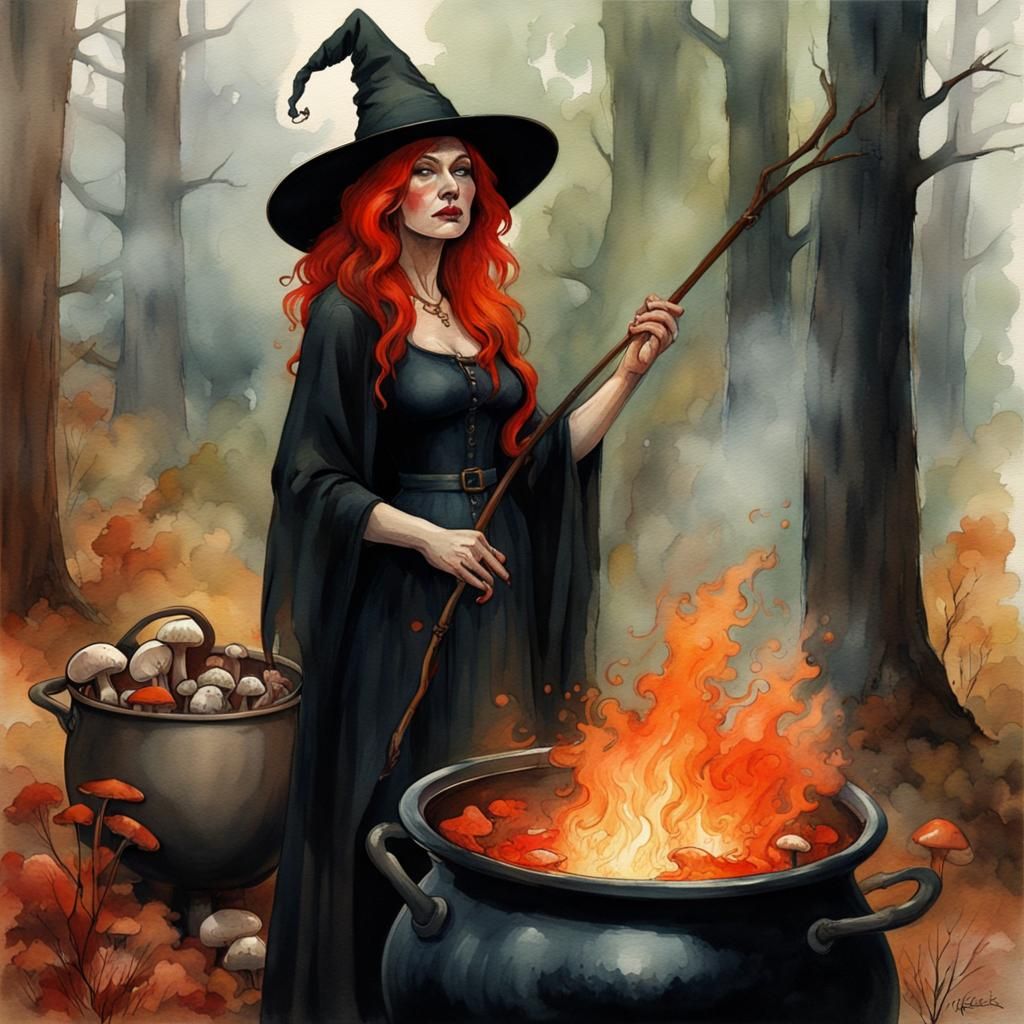 Forest Witch in Watercolour Style with Cauldron