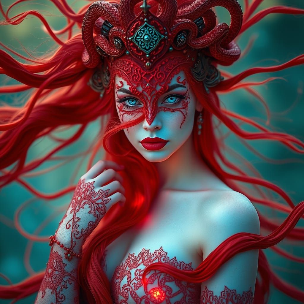 Ethereal Goddess With Holographic Skin and Red Hair Dress