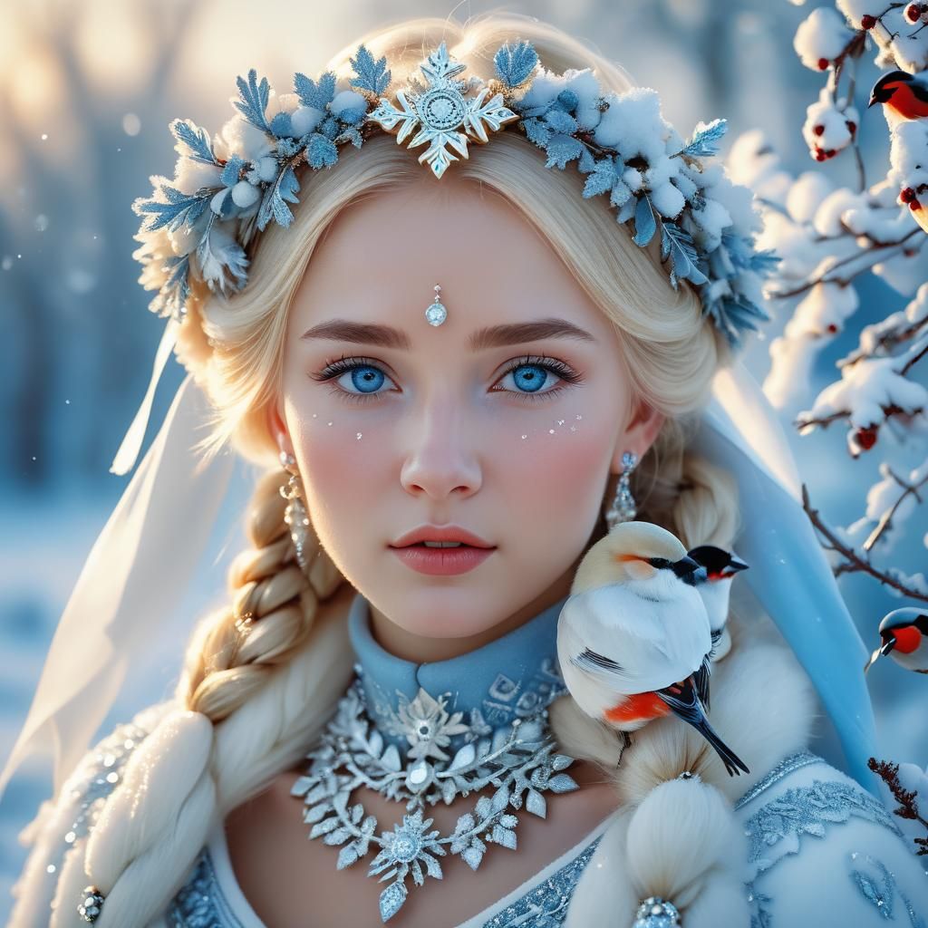Angelic Russian Beauty with Bullfinches in Winter