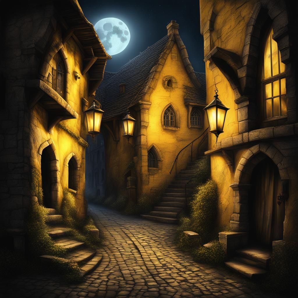 Eerie Moonlit Alley in Medieval Fantasy Style