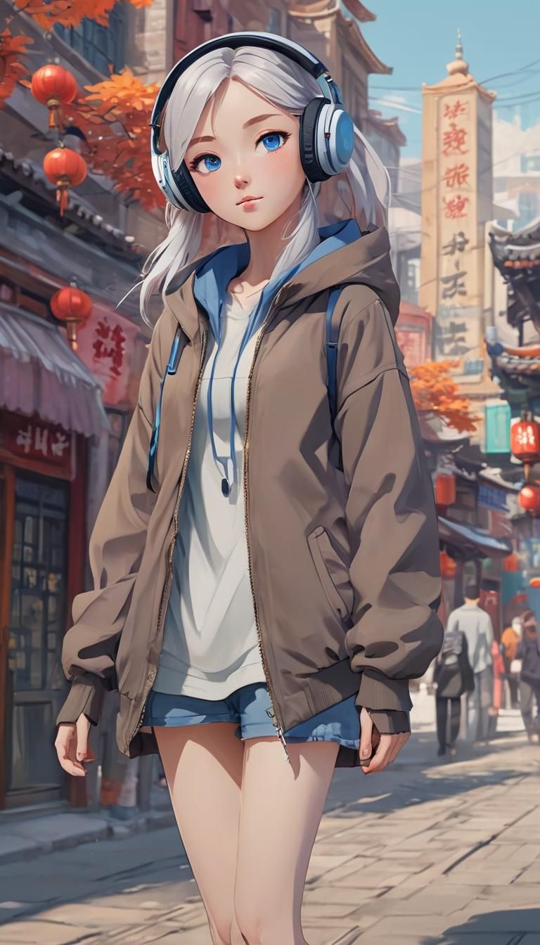 Anime Girl in Vibrant Chinese Cityscape