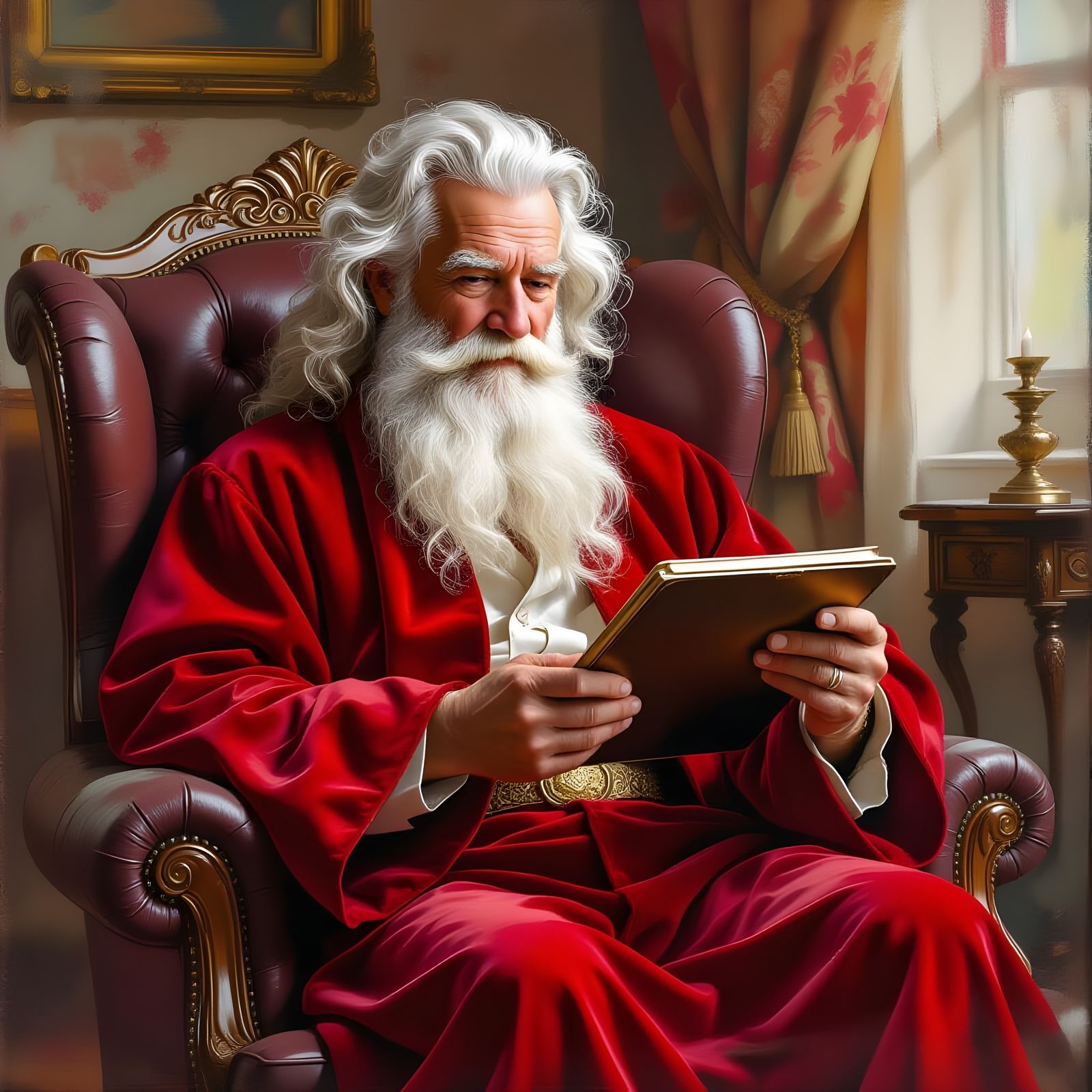 Elderly Man with Beard Holds Tablet in Plush Chair