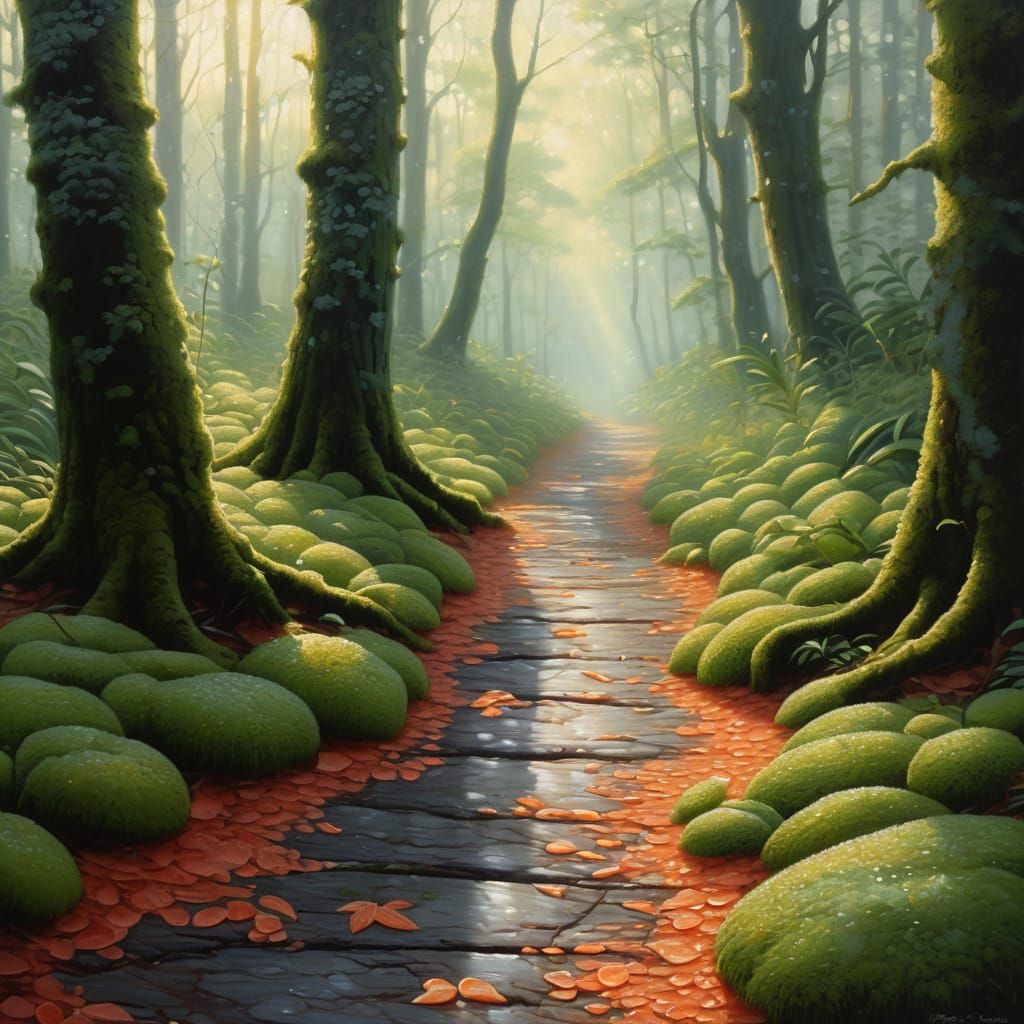 Pine and fir forest path, fresh morning light, crisp clear air, dew on leaves, walking among tall evergreens, cranberrie...