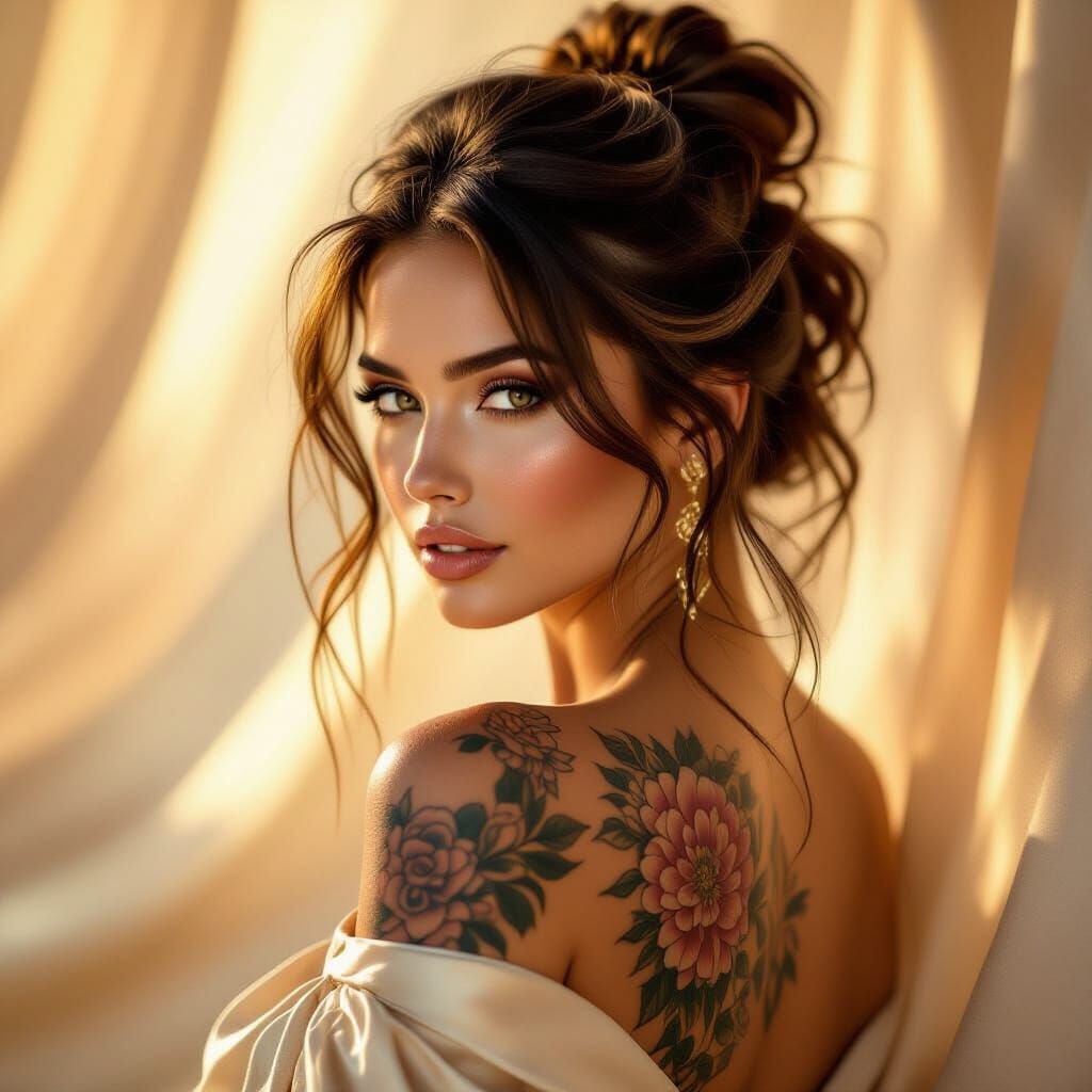 Hyperrealistic Portrait of a Tattooed Woman in Golden Hour L...