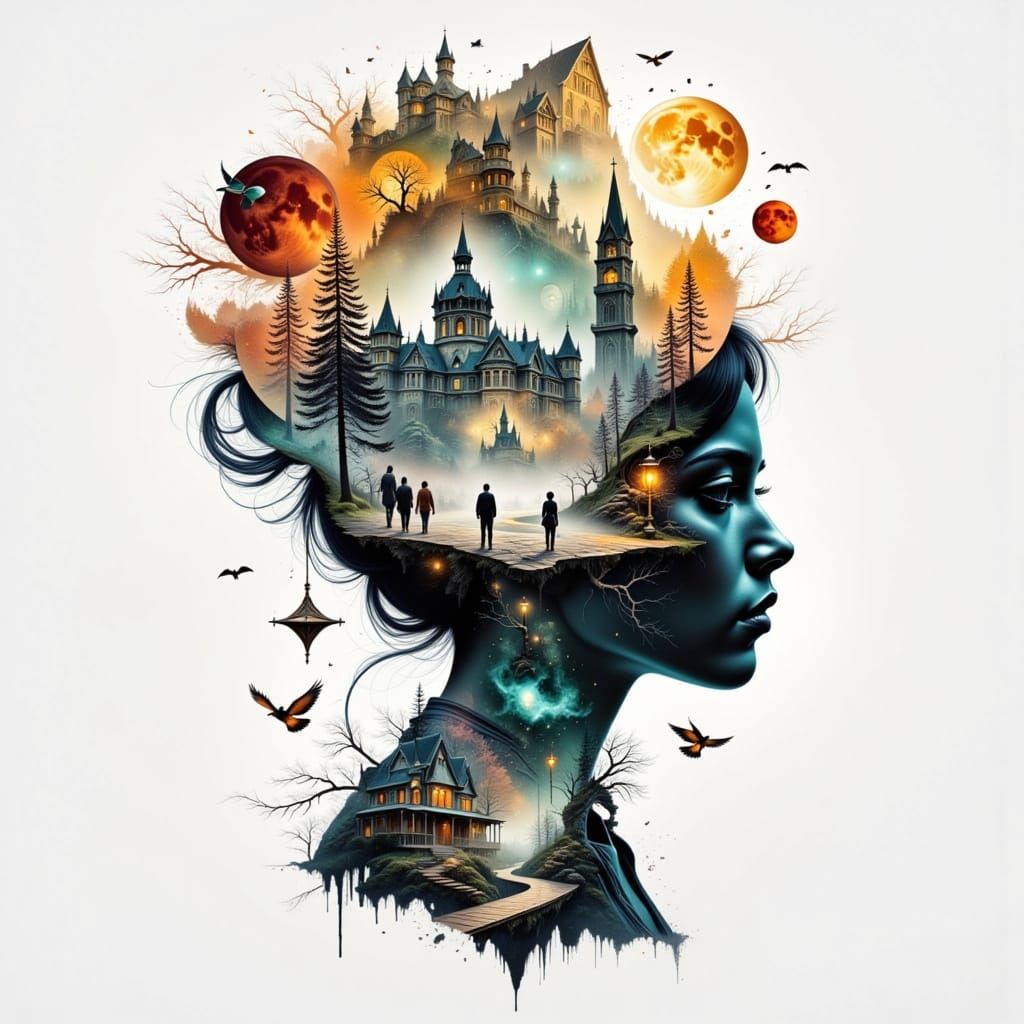 Persistence <lora:Dreamweave Flux:1.0> <lora:Victorian Gothic:1.0> Journey Collage Adventure Dreams Double exposure