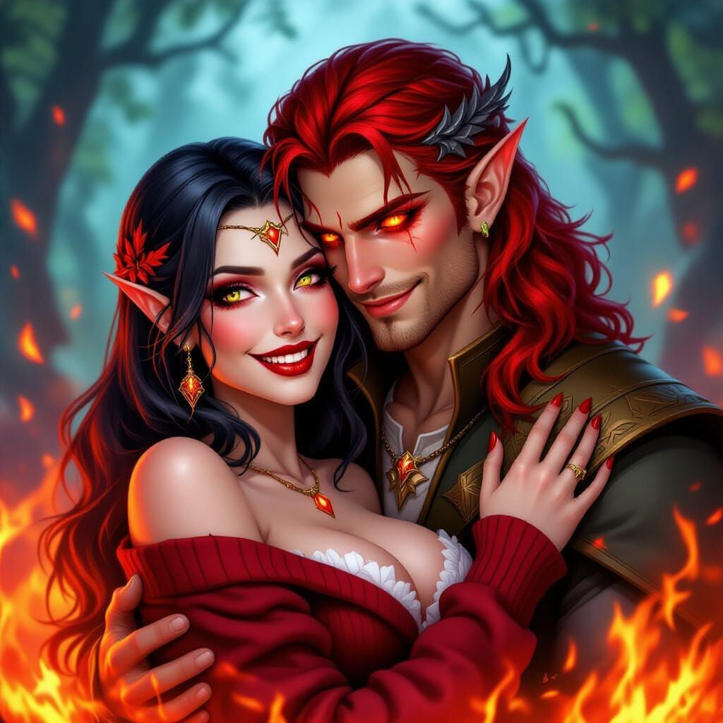Vampire and Fire Genasi Couple in Protective Embrace