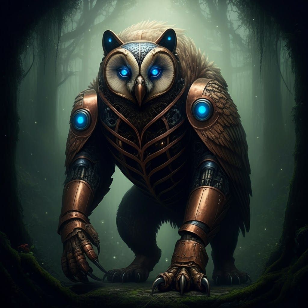 a mechanical lupine owlbear, 4 legs, beaked face
