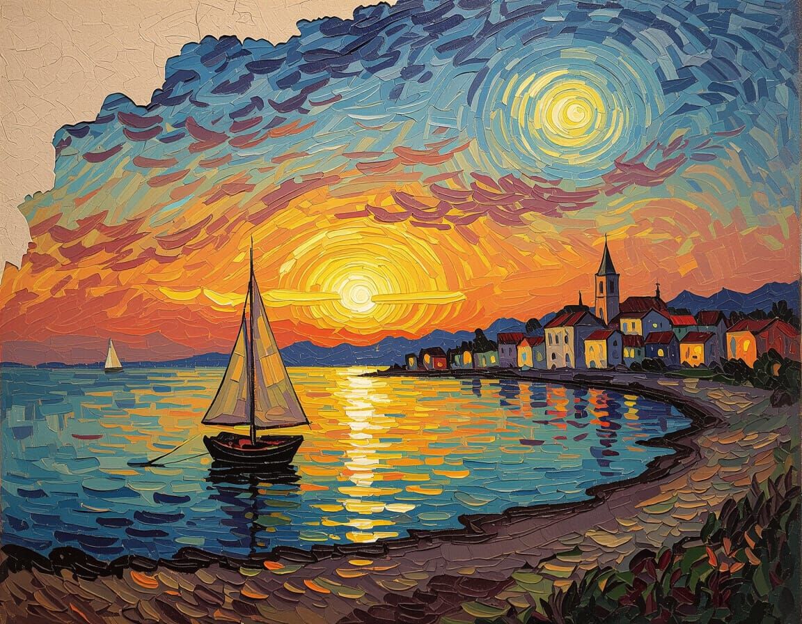 Van Gogh Style Bay Sunset with Sailboat