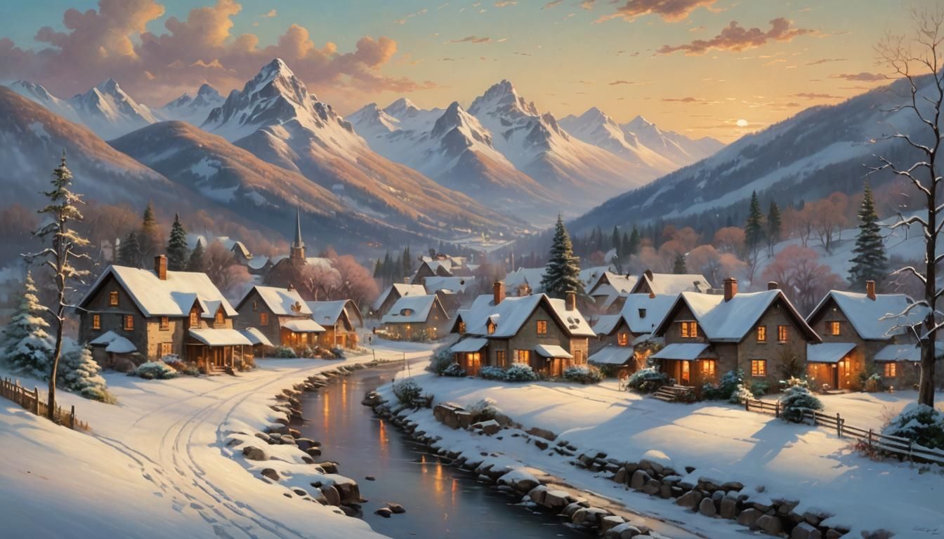 Snowy Village at Dusk: An Oil Painting