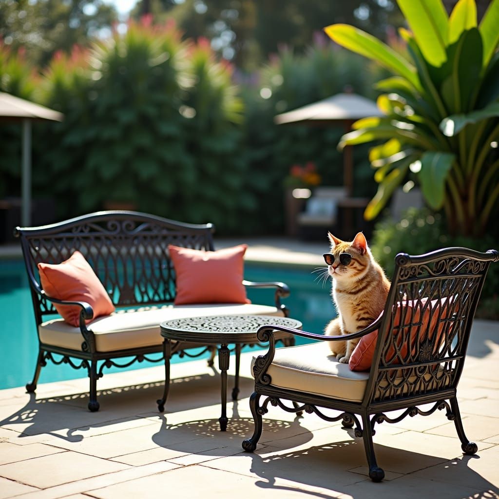 Cool Cat Lounging Poolside with Victorian Furniture