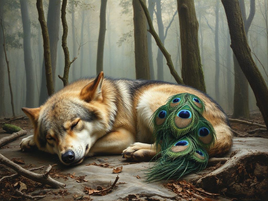 Wolf with Peacock Tail Sleeping in Forest, Photorealistic Oi...