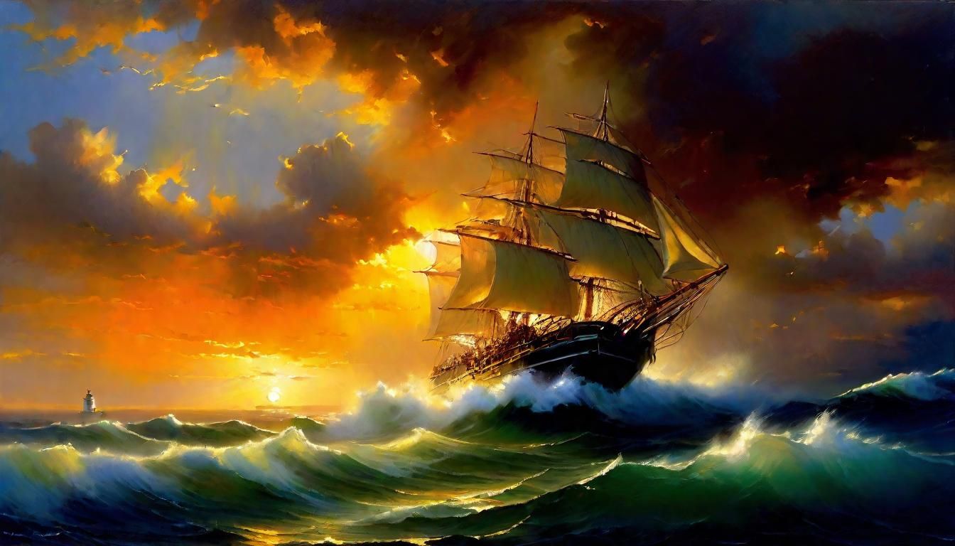 Sailing Ship Battles Storm in Style of Daeni