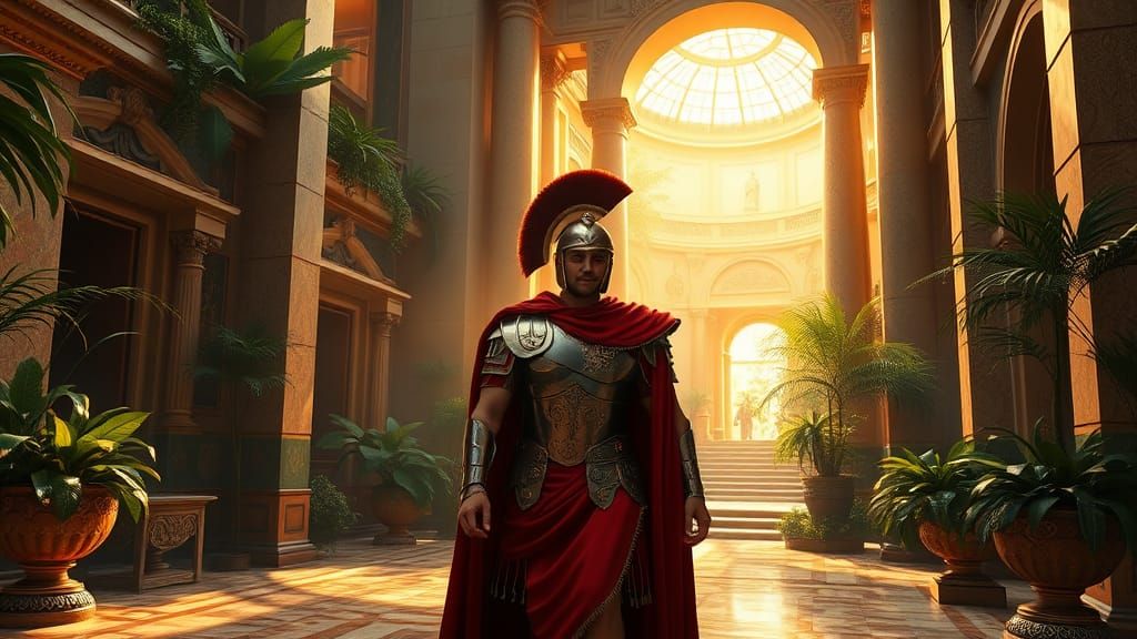 Roman Soldier Enters Lavish Domus in Vibrant Fantasy Style