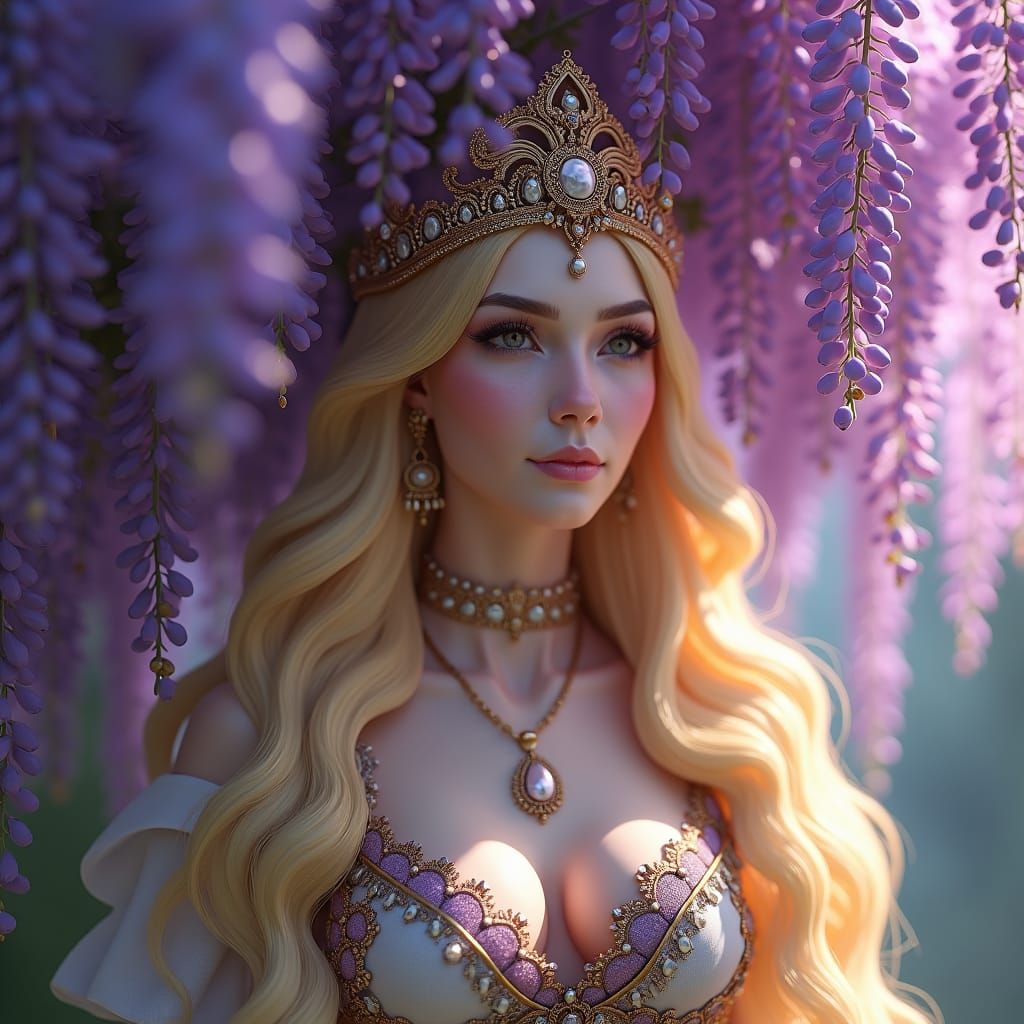 Woman with Wisteria in Dreamlike Matte Painting Style