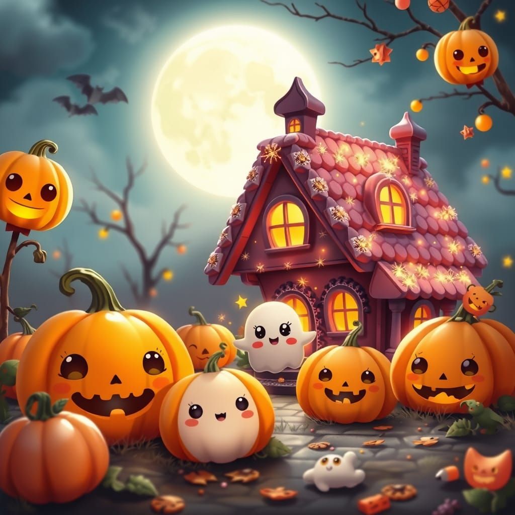 Kawaii Halloween Scene With Adorable Pumpkins and Ghost